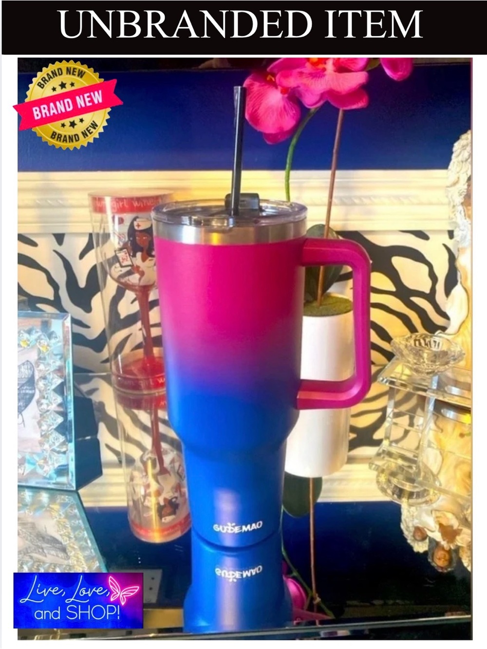 40oz Tumbler: Cold/Hot Pink/Blue w/Lid, Handle, & Straw, NWOT